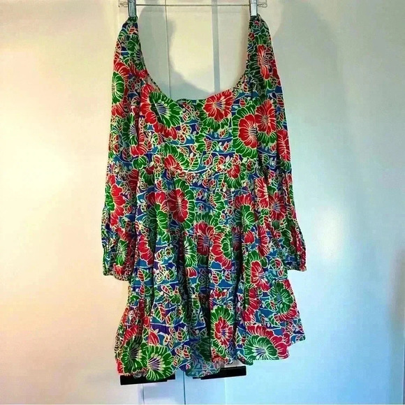 RIXO London Roxy Long Sleeve Mini Dress Hibiscus Floral Cotton swing Medium - Picture 4 of 11